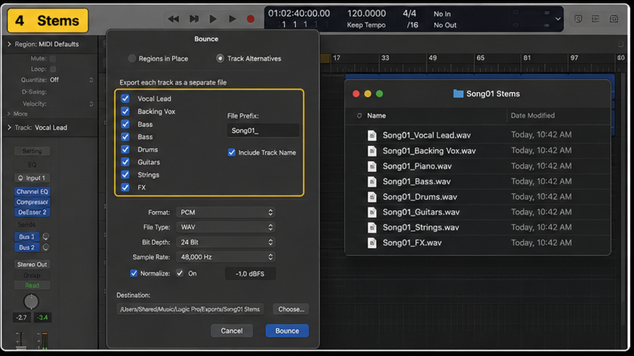 Logic Pro bounce and export workflow with cycle range, WAV, MP3, and stems - step 4