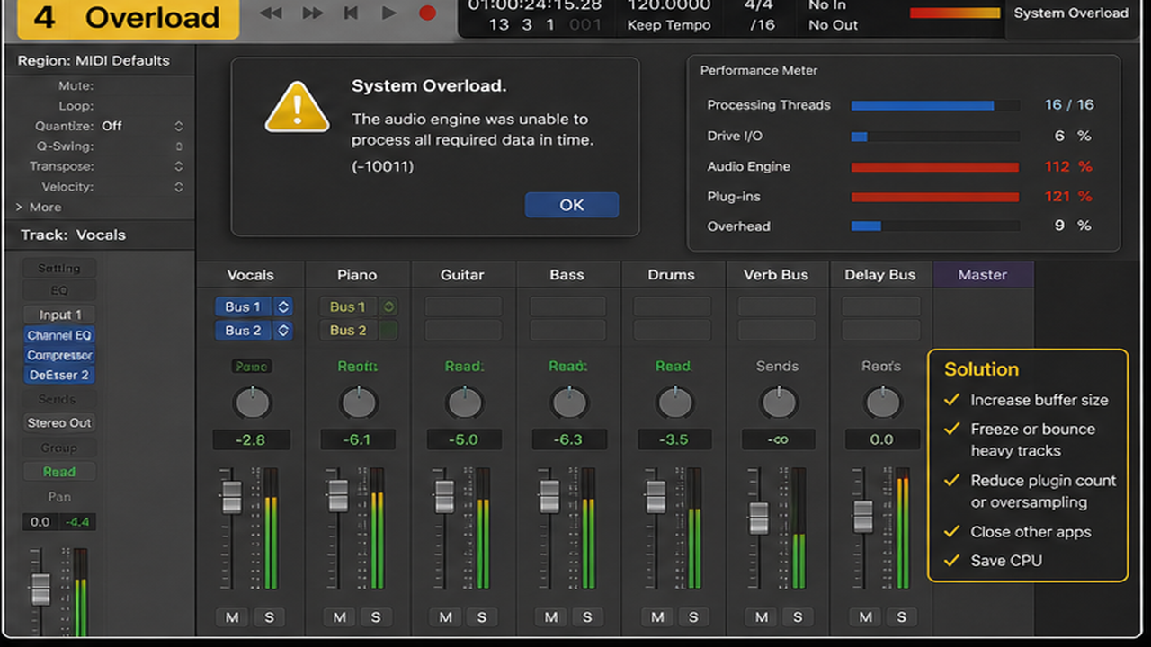 Logic Pro troubleshooting for no sound, latency, output routing, and overloads - step 4