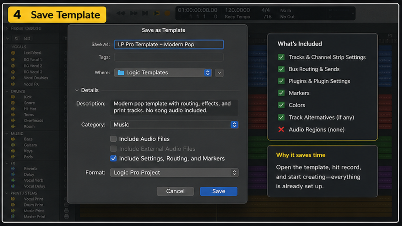 Logic Pro template workflow with starter tracks, routing, colors, markers, and save template - step 4