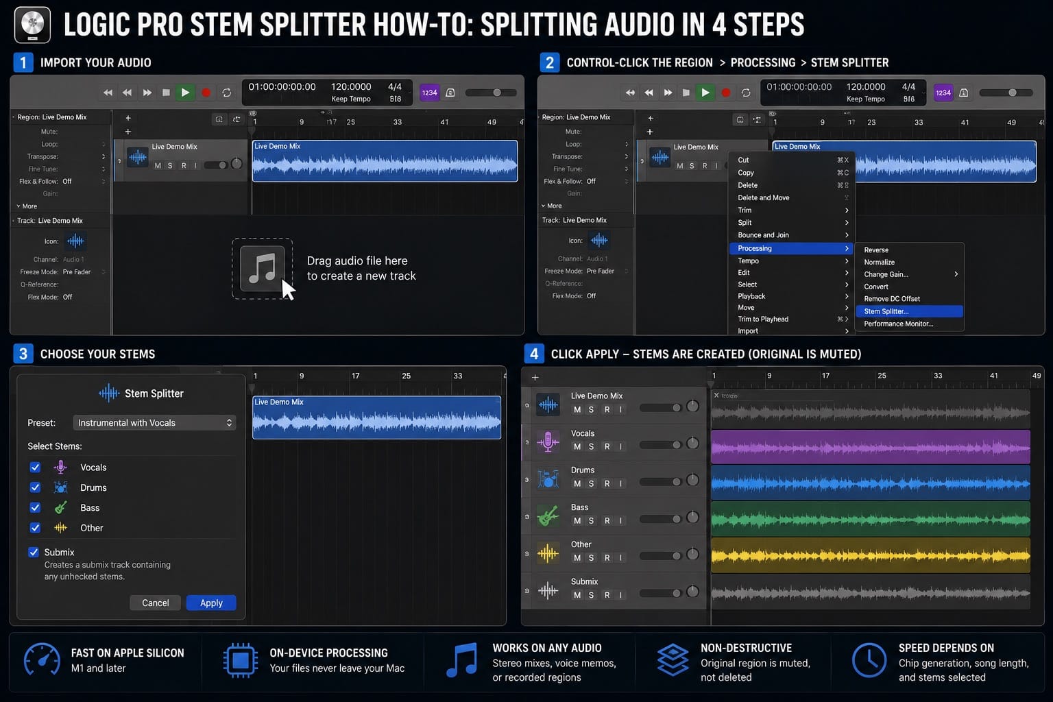 Logic Pro Stem Splitter How To Splitting Audio in 4 Steps