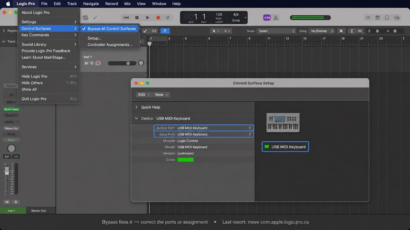 Infographic: bypassing control surfaces to fix Logic Pro MIDI conflicts