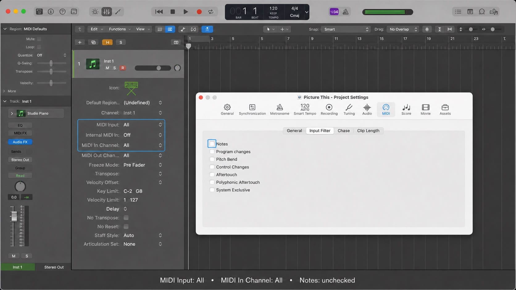 Infographic: checking MIDI In port, channel and input filter in Logic Pro