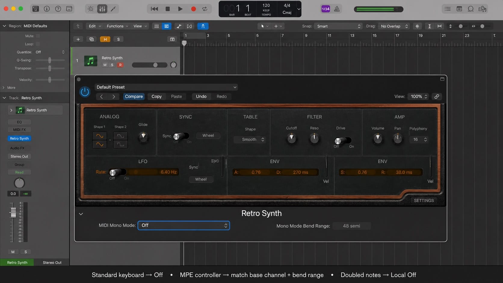 Infographic: fixing one-note MIDI mono mode in Logic Pro