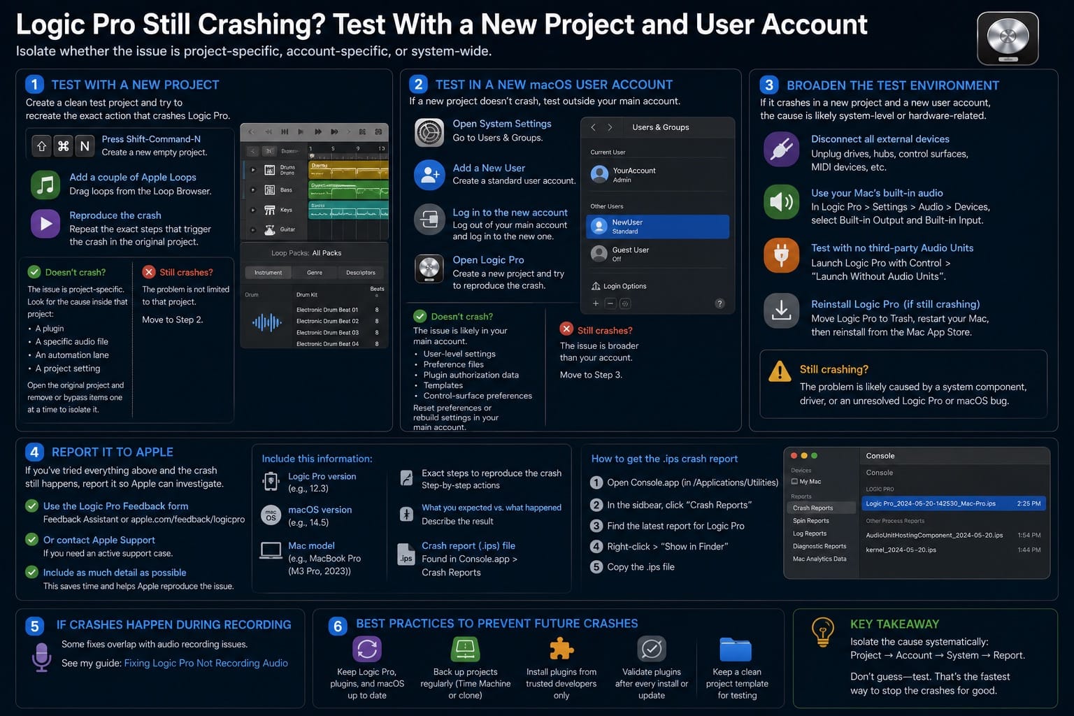 Infographic: testing Logic Pro crashes with a new project and a fresh user account
