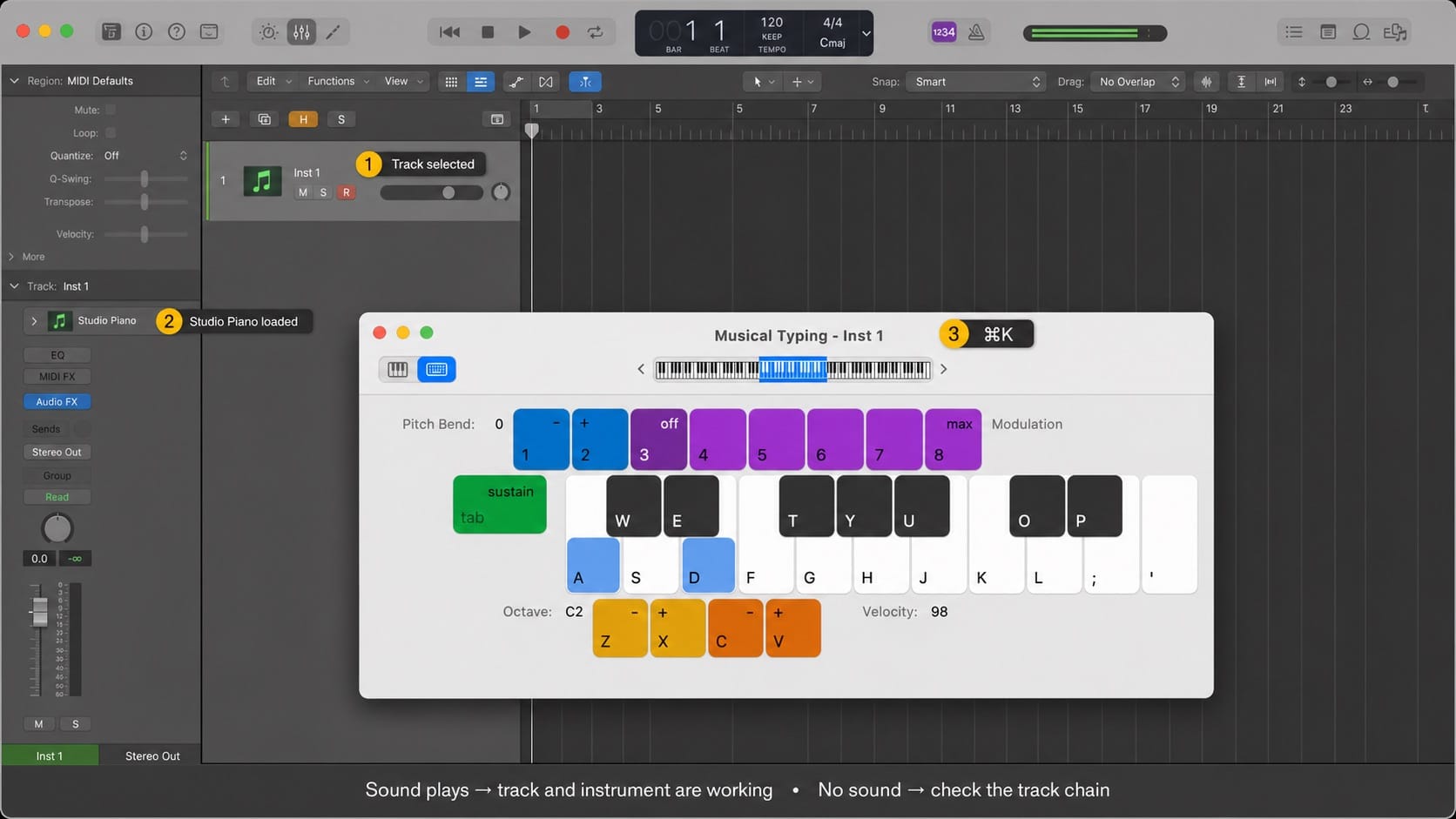 Infographic: testing a stock instrument with Musical Typing in Logic Pro