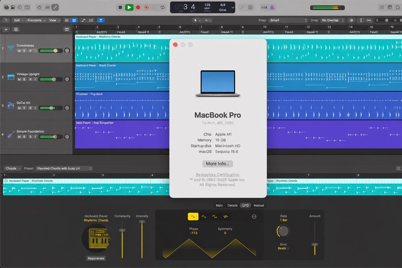 Logic Pro 12 running on an Apple silicon Mac with a high track-count session and low CPU load