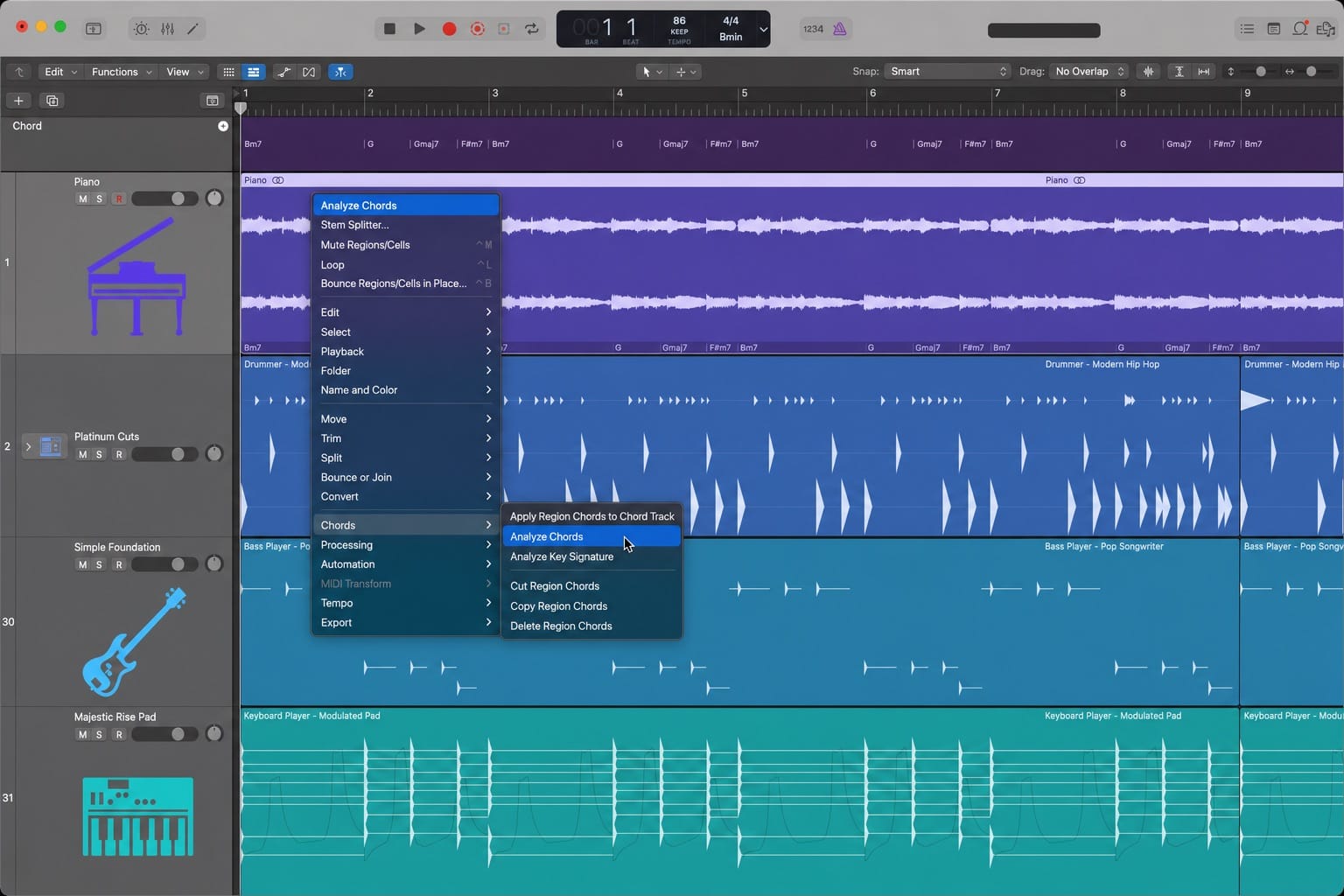 Logic Pro 12 Chord ID displaying detected chord names above a MIDI region in the Piano Roll