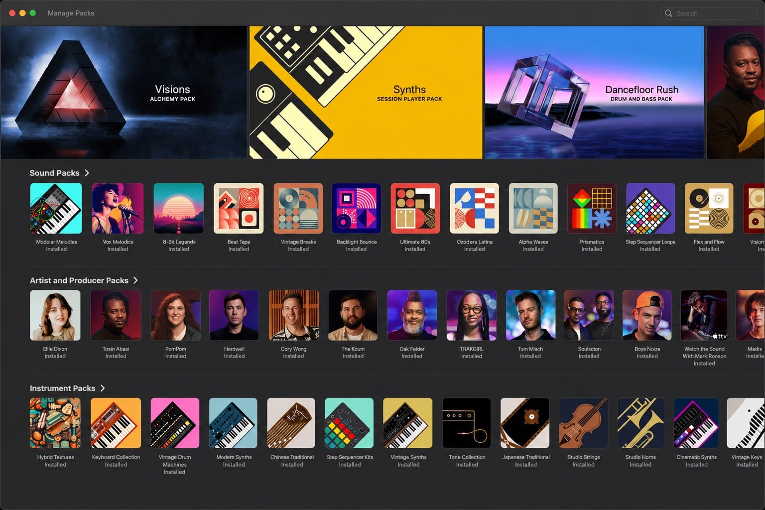 Logic Pro Sound Library manager showing optional sound packs and download sizes