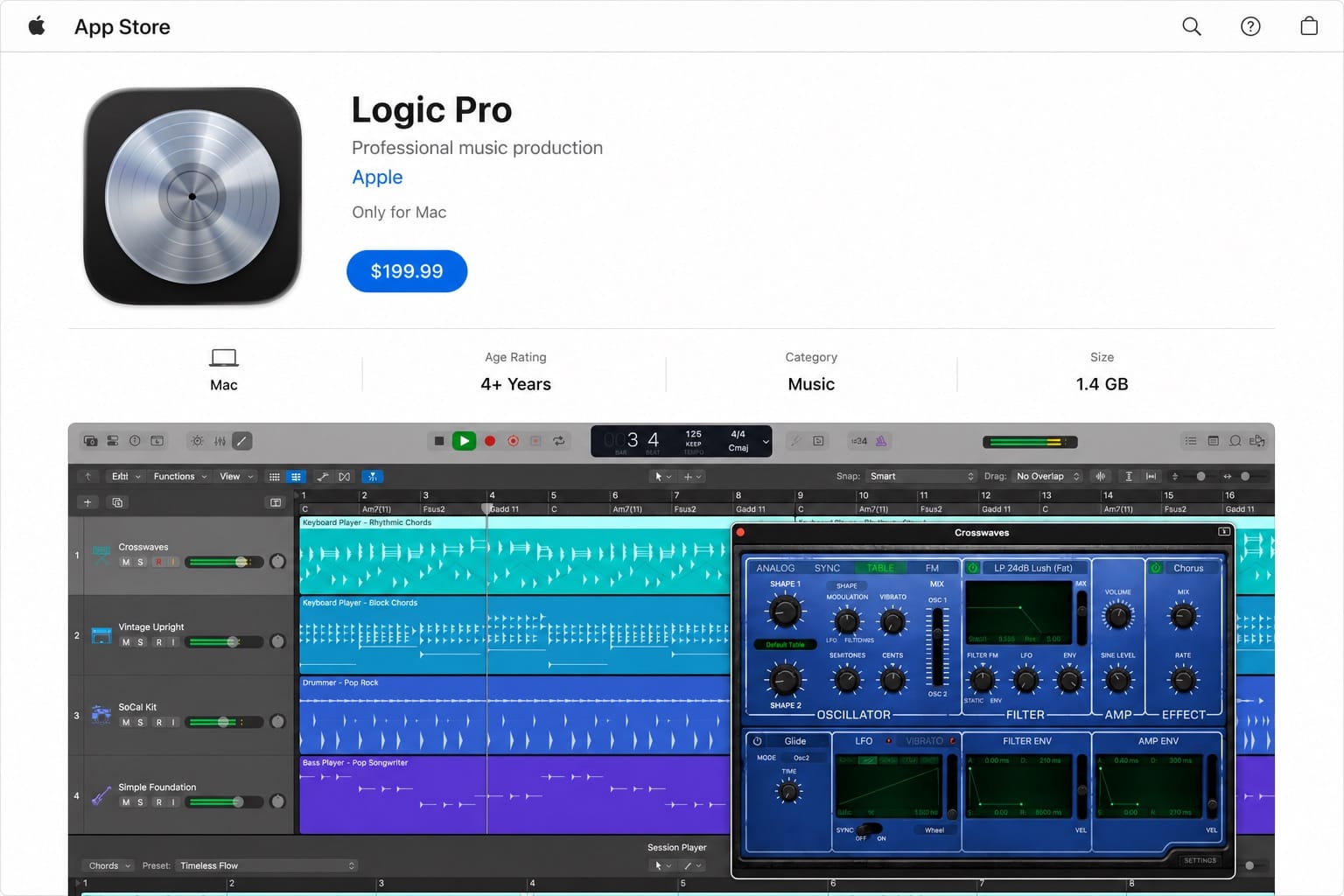 Logic Pro on the Mac App Store listing at the $199.99 one-time price