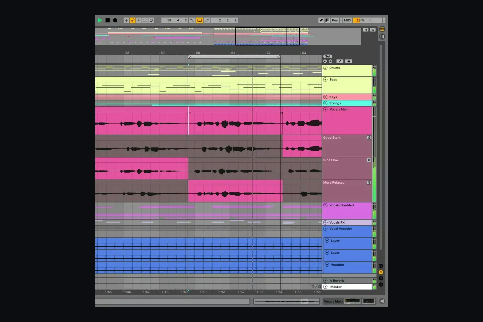 Ableton Live 12 Arrangement View with vocal take lanes and song tracks