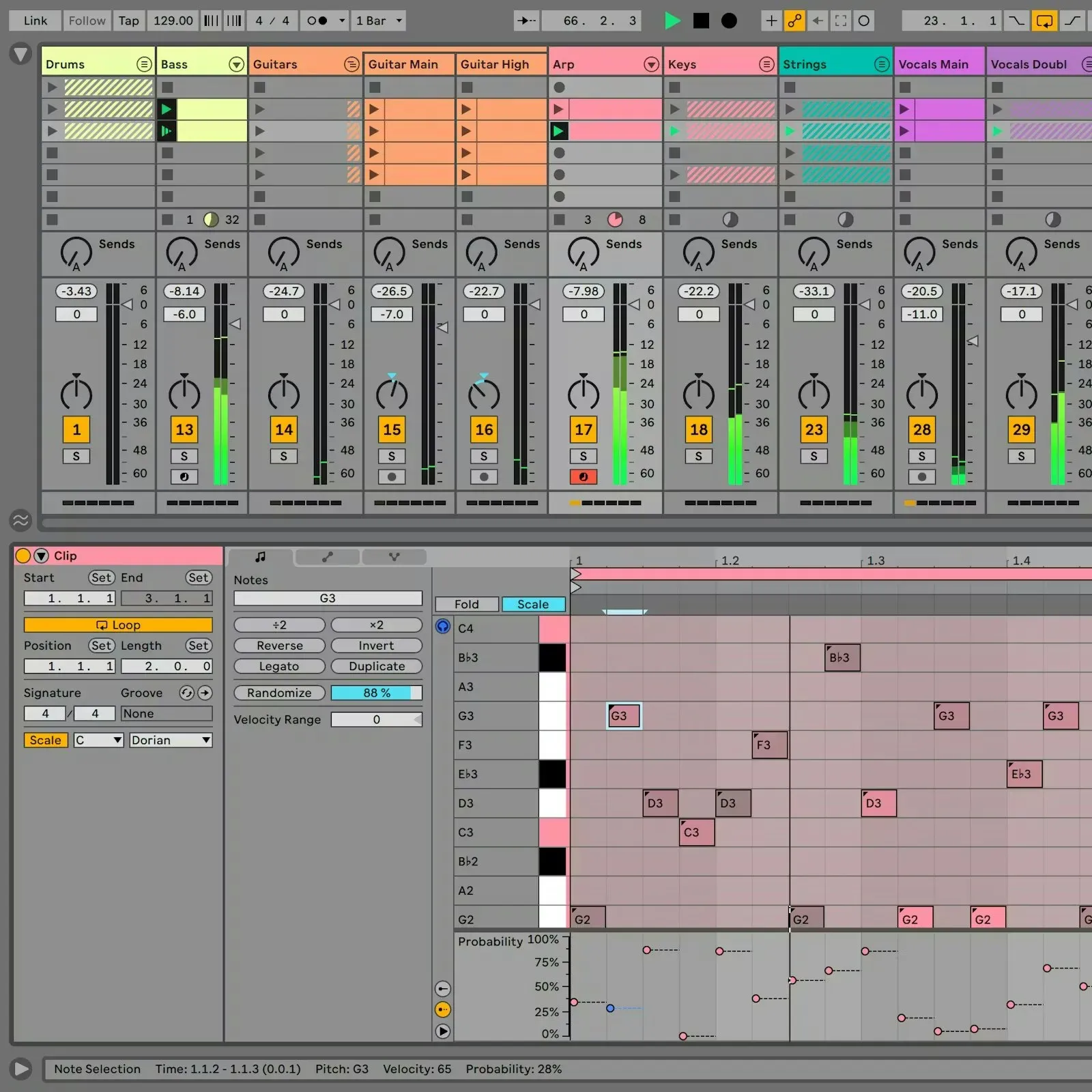 Ableton Live 12 Session View with clip slots, scenes, mixer and MIDI note editor
