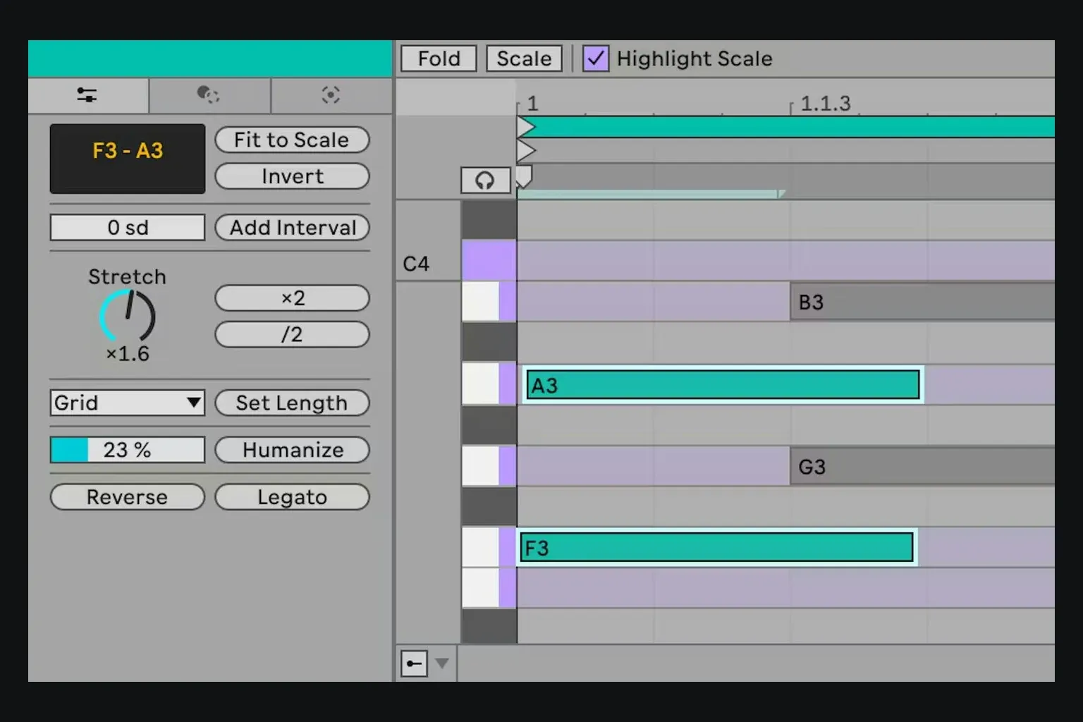Ableton Live Fit to Scale and Humanize buttons beside piano roll with F3 and A3 selected