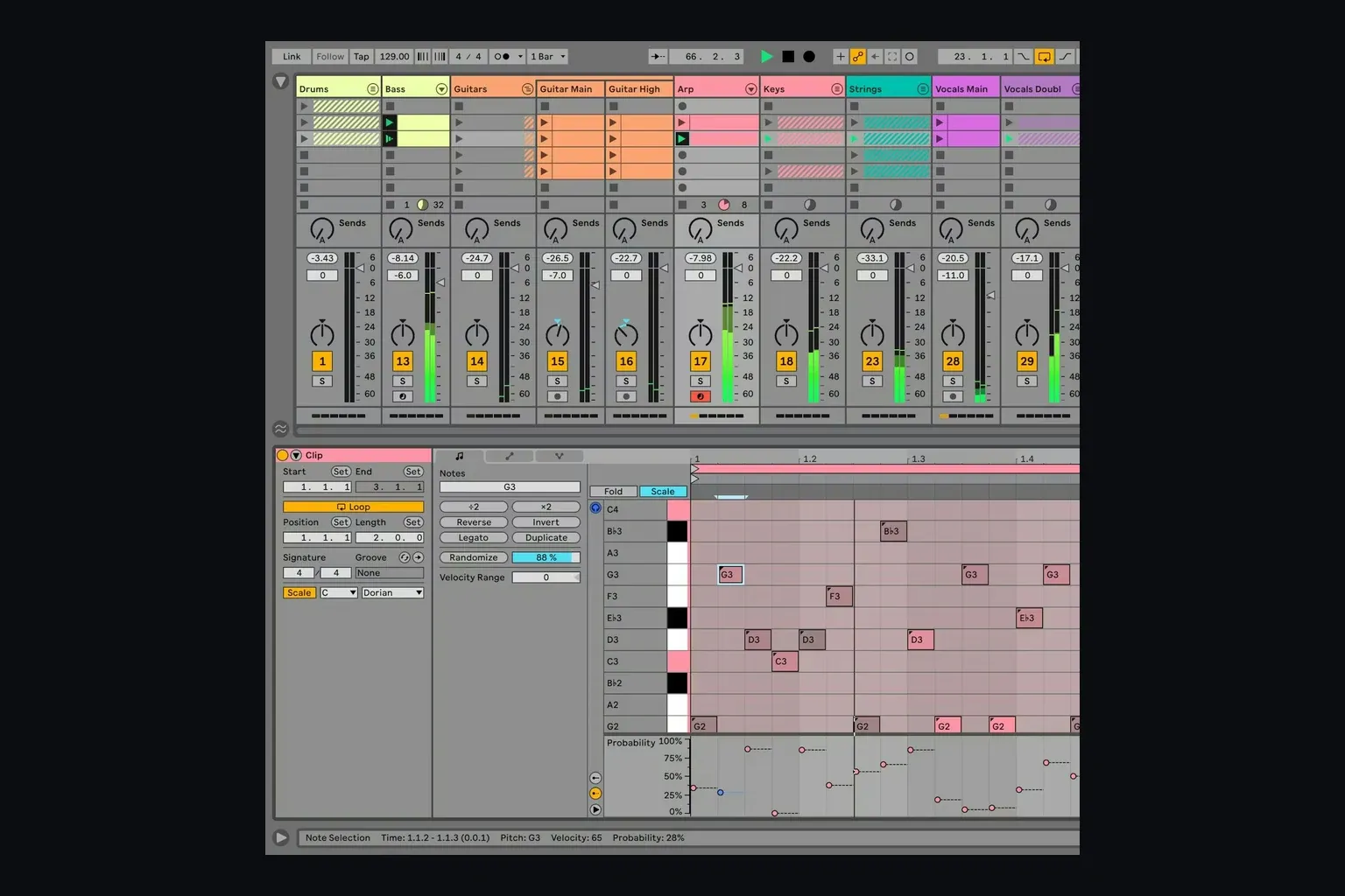 Ableton Live 12 Session View with clips, mixer controls and MIDI notes