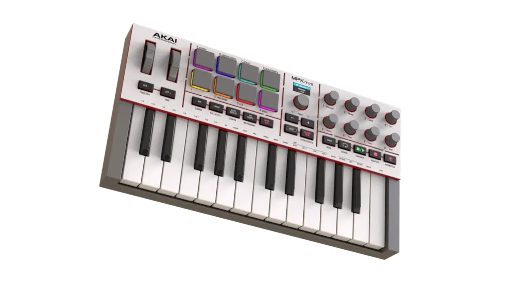 Akai MPK Mini IV with 25 mini keys, eight MPC pads, eight knobs and pitch and modulation wheels