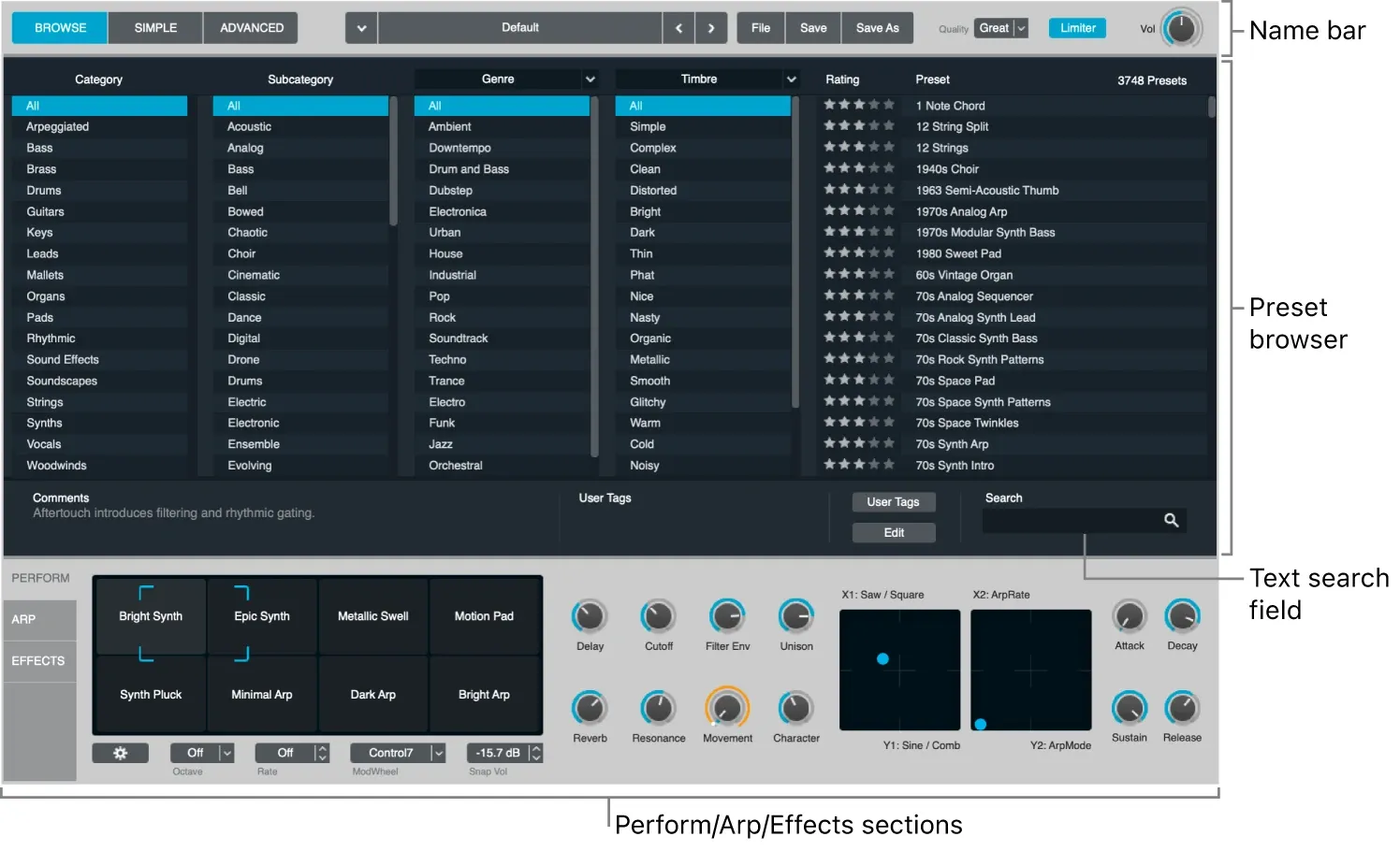 Alchemy Browse view in Logic Pro with category, subcategory, genre, timbre and preset filters