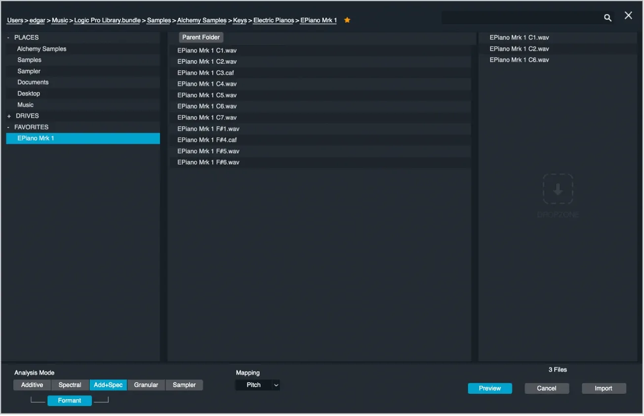 Alchemy Import browser in Logic Pro with Additive, Spectral, Add and Spectral, Granular and Sampler modes