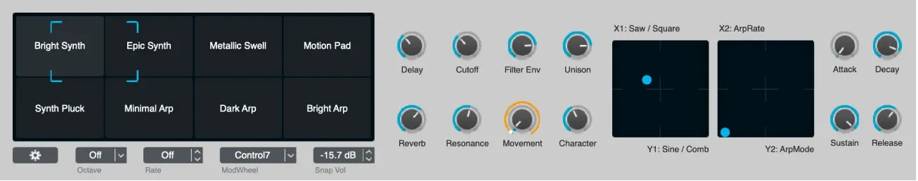 Alchemy performance controls in Logic Pro with eight Transform Pad snapshots, macro knobs and XY pads