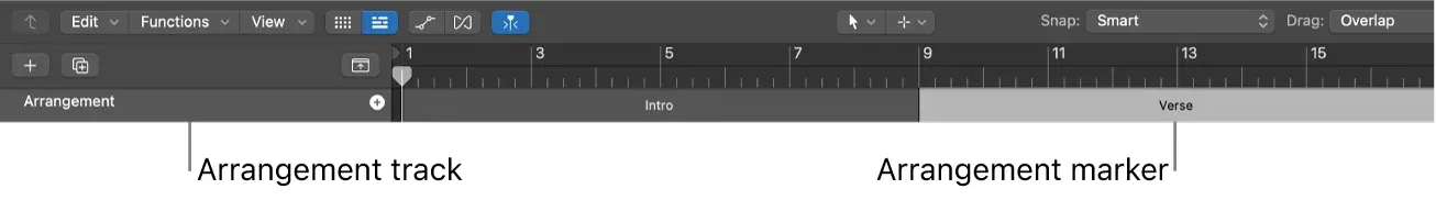 Logic Pro Arrangement track with Intro and Verse arrangement markers