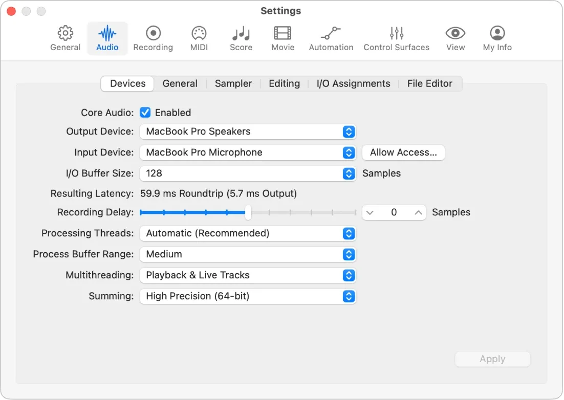 Logic Pro 12.3 Audio Devices settings with 128-sample I/O buffer and Resulting Latency values