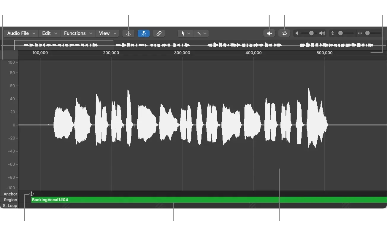 Logic Pro Audio File Editor with waveform display and Functions menu