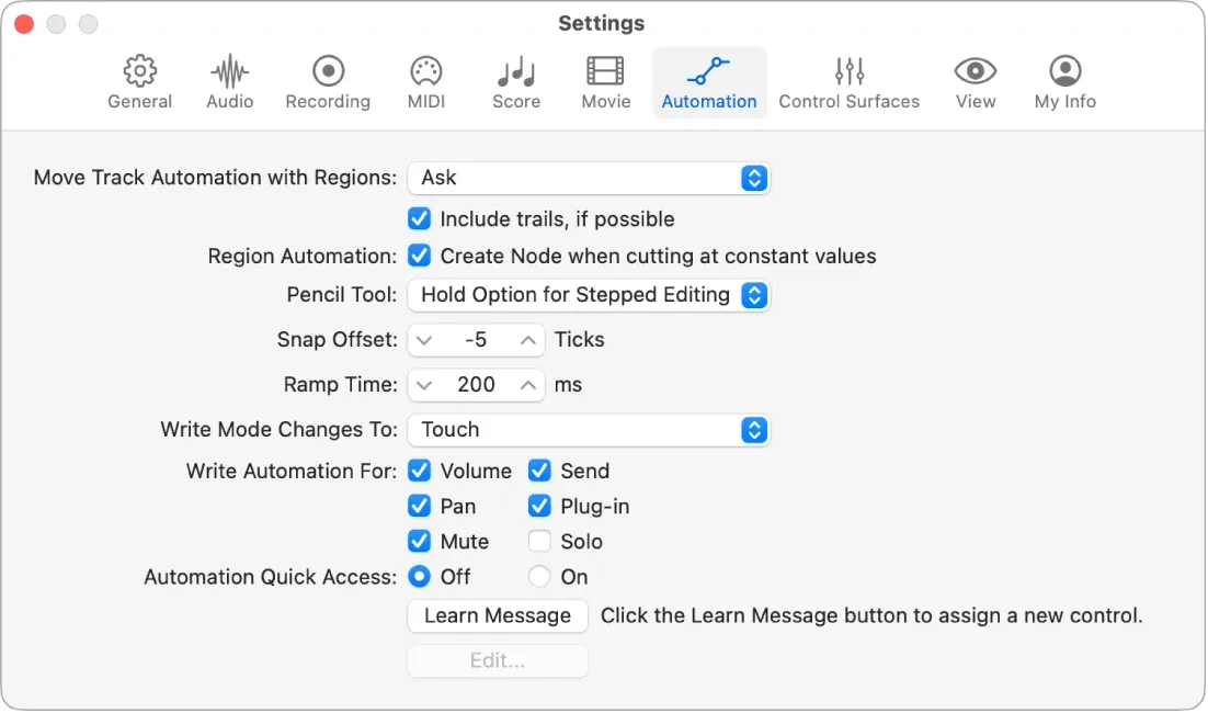 Logic Pro Automation settings with Move Track Automation with Regions set to Ask
