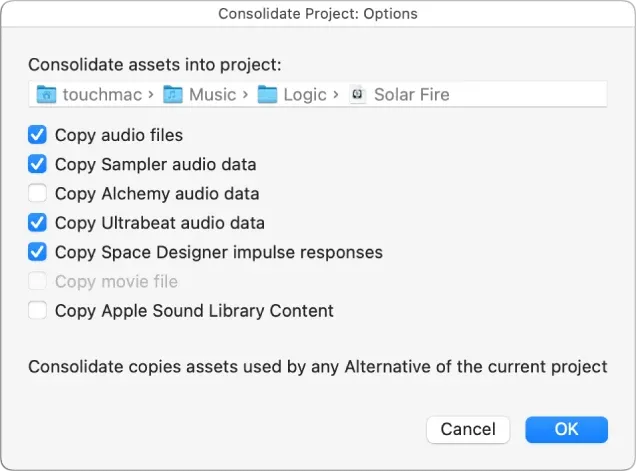 Logic Pro Consolidate Project dialog listing assets to copy into the project