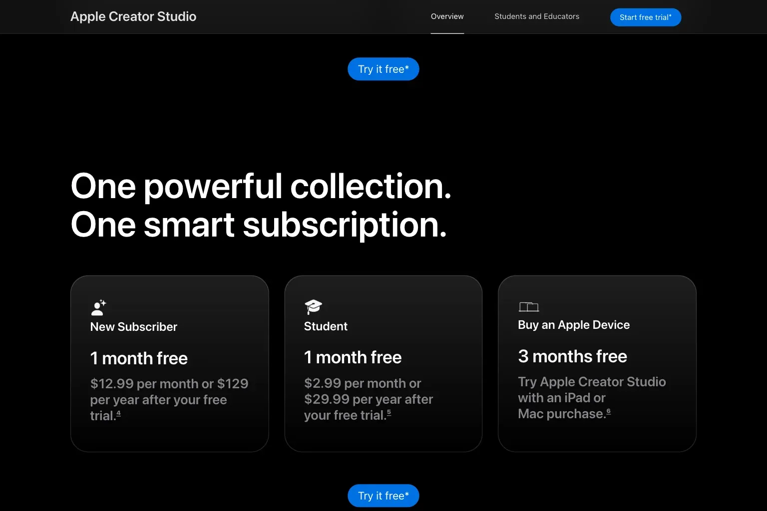 Apple Creator Studio page showing one-month trials and a three-month eligible-device offer