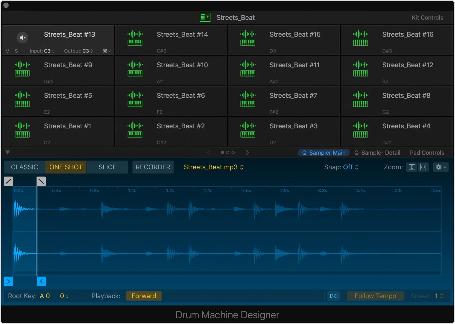 Logic Pro Drum Machine Designer pad grid with a selected sample open in Q-Sampler Main