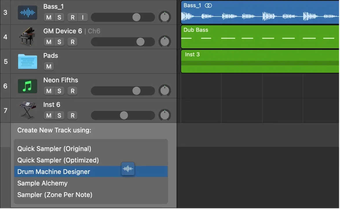 Logic Pro Create New Track menu with an audio sample dragged onto Drum Machine Designer