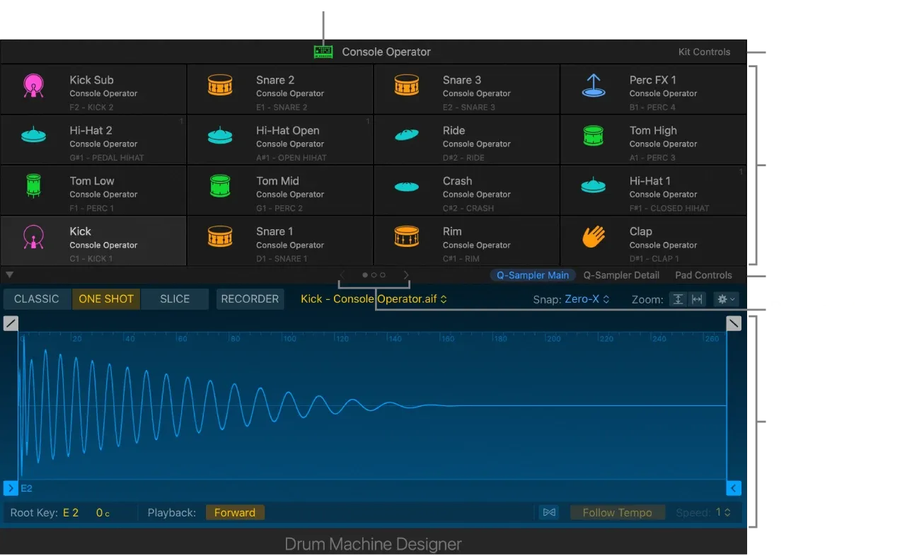 Logic Pro Drum Machine Designer interface with kit controls, pad grid and Quick Sampler pane
