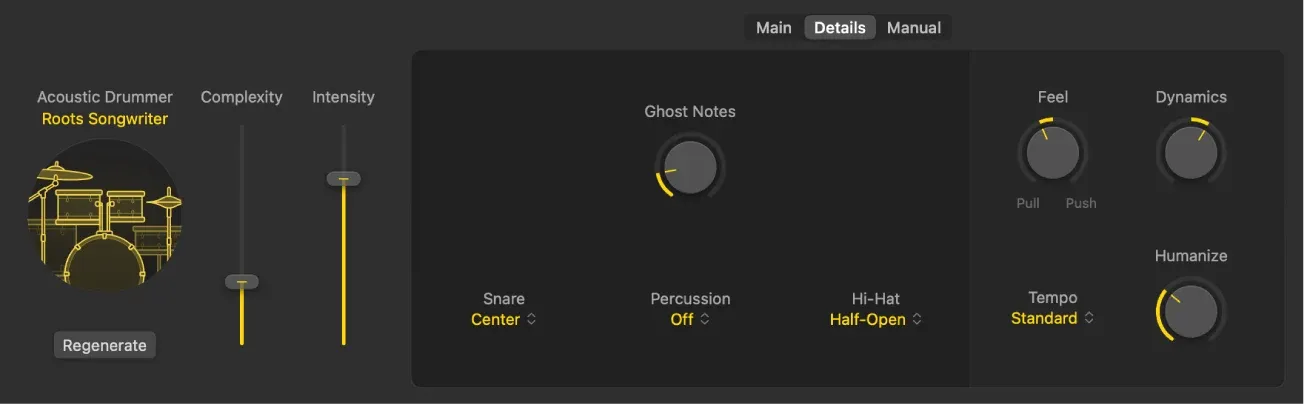 Logic Pro 12.3 acoustic Drummer Details view with Feel, Dynamics, Humanize and tempo controls