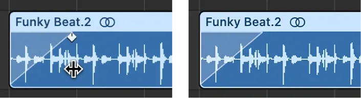 Logic Pro Fade tool drawing a fade-in across the start of an audio region