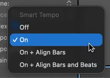 Logic Pro Flex and Follow menu with Off, On, Align Bars and Align Beats choices