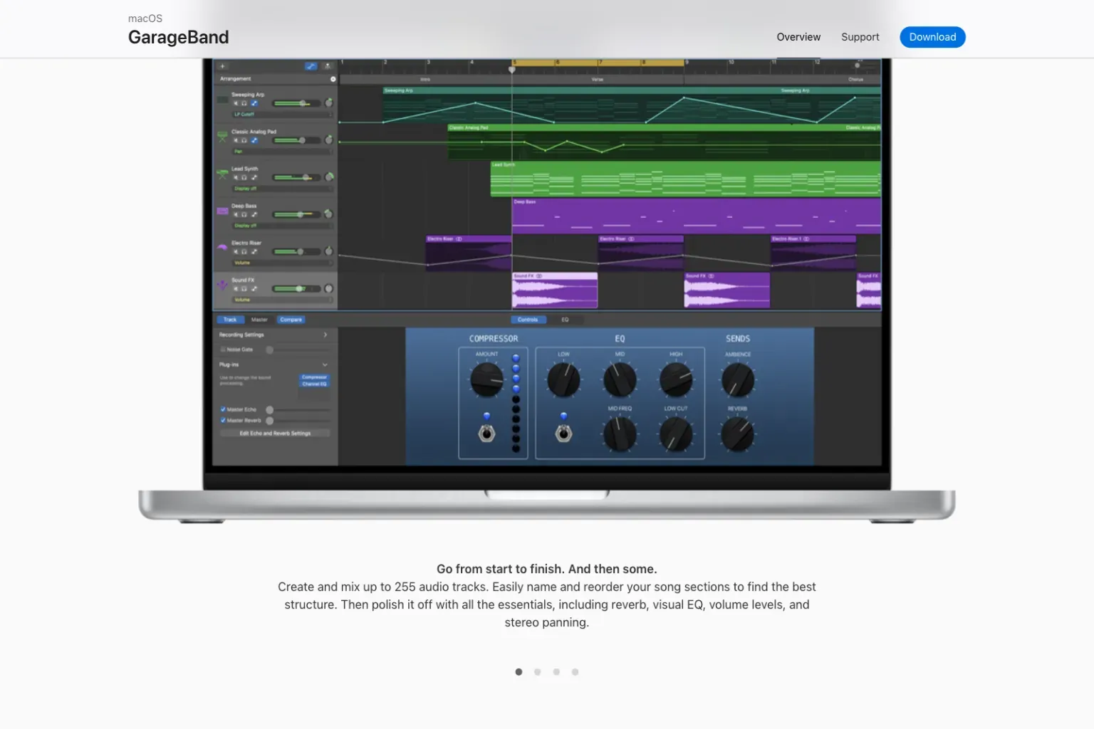 Apple GarageBand page showing a multitrack project, automation and Smart Controls on Mac