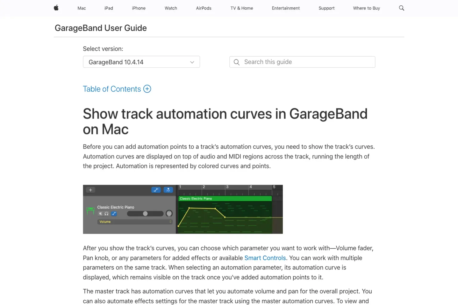 Apple GarageBand User Guide explaining track automation curves and effect parameters