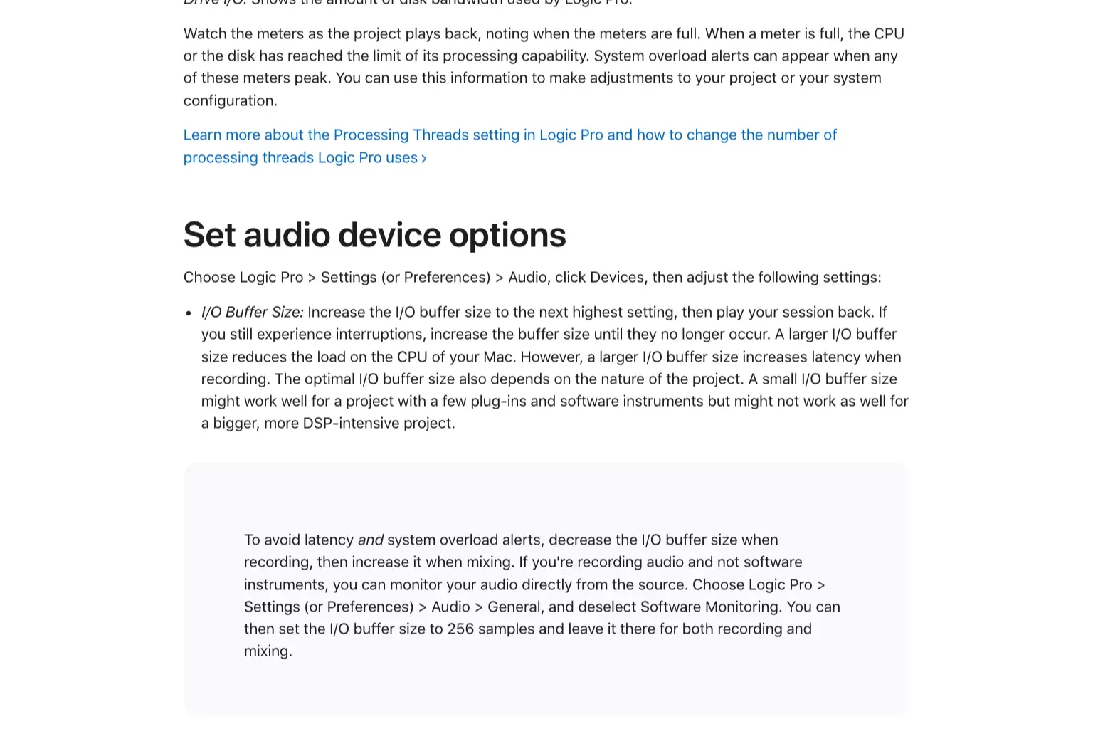 Apple Support guidance for direct audio monitoring with Logic Pro Software Monitoring turned off