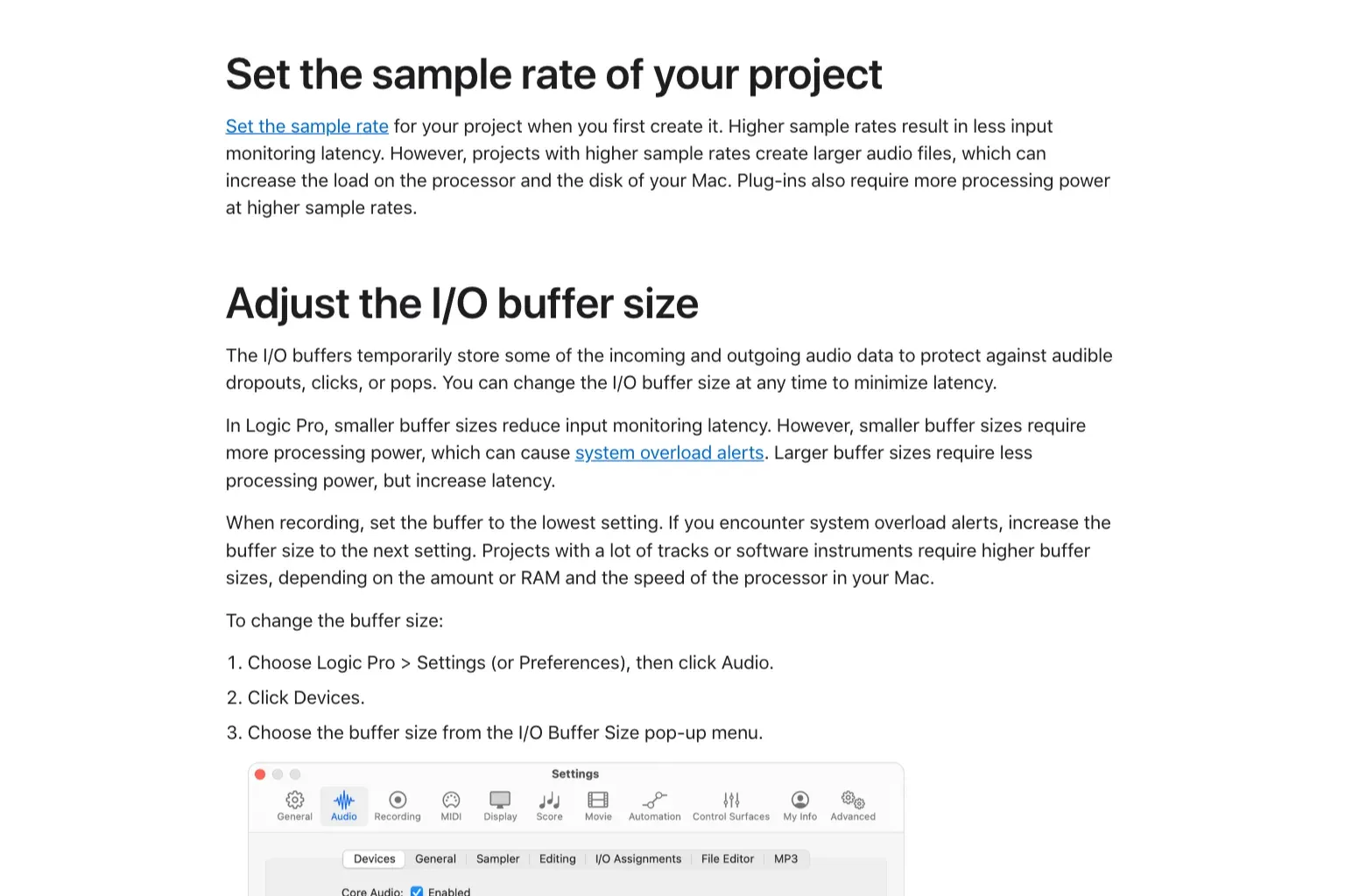 Apple Support instructions for changing the Logic Pro I/O buffer size to reduce recording latency