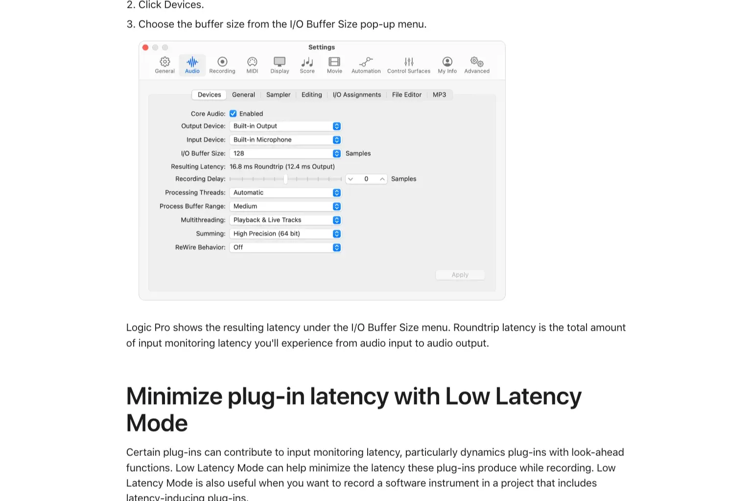 Apple Logic Pro Audio Devices settings and Low Latency Mode guidance with resulting roundtrip latency
