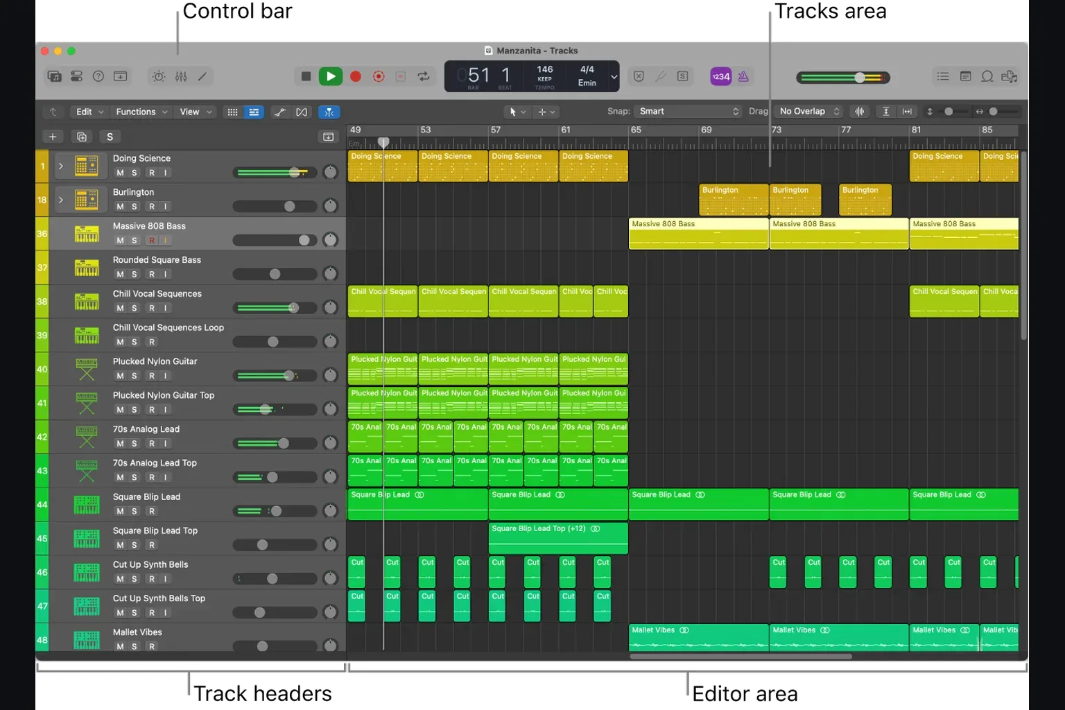 Logic Pro main window with audio and MIDI tracks arranged on the timeline