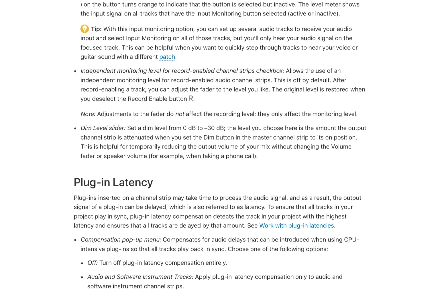 Apple Logic Pro General Audio settings explanation for plug-in latency compensation
