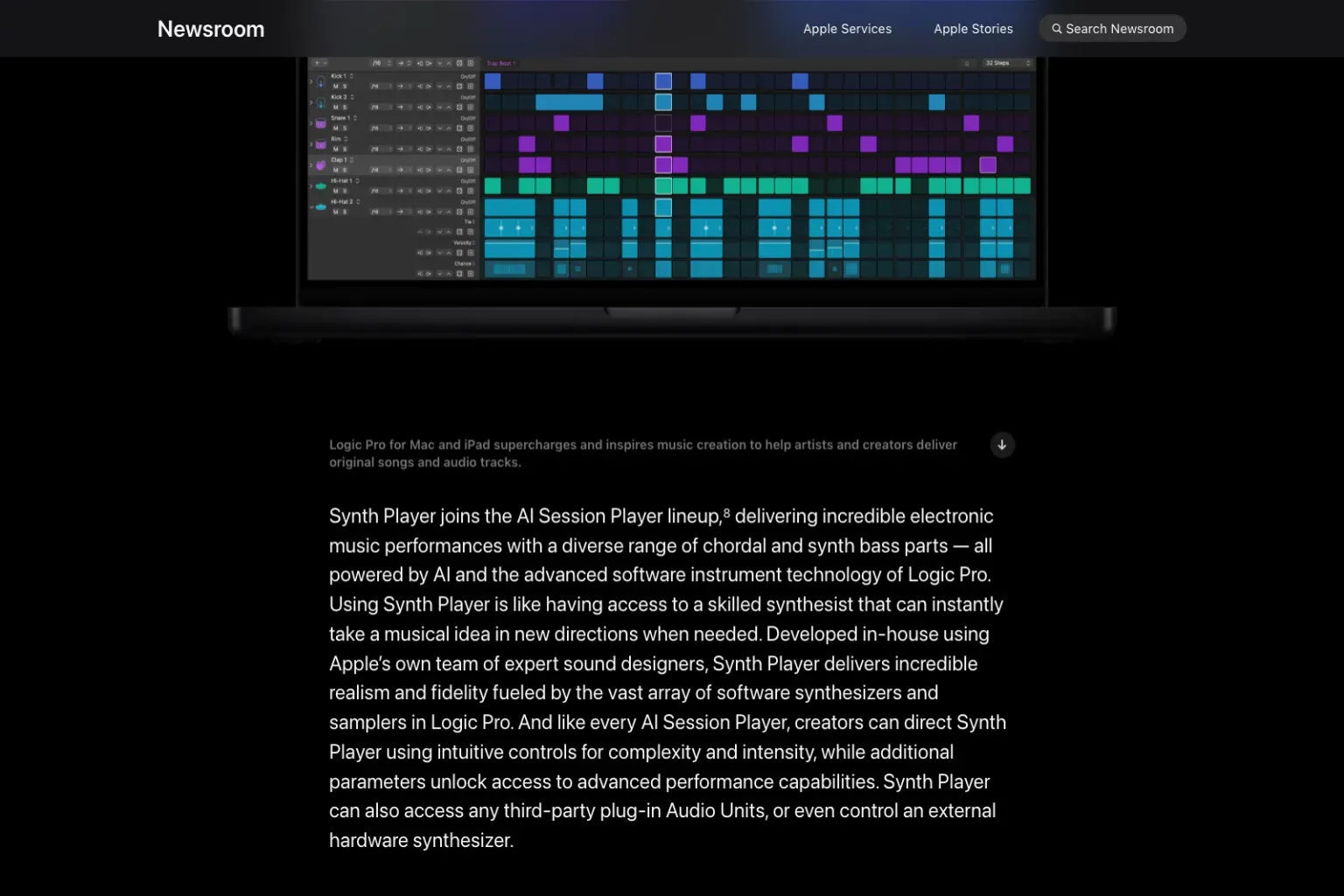 Apple Newsroom page introducing Synth Player for Logic Pro in 2026