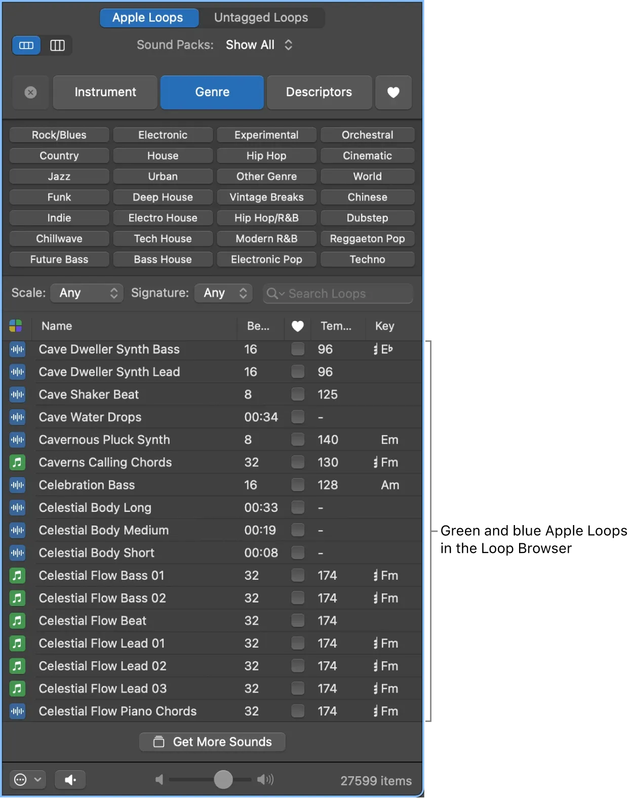 Logic Pro Loop Browser with green MIDI and blue audio Apple Loops in the results list