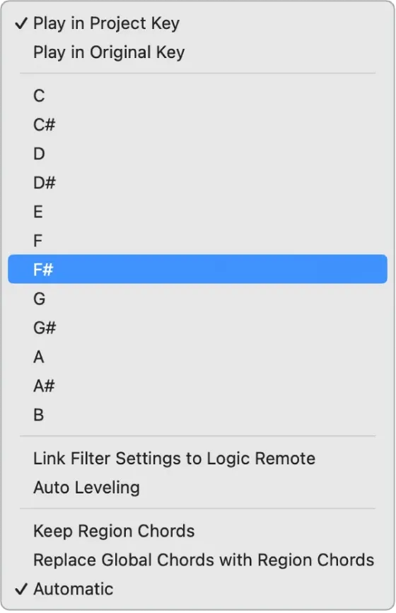 Logic Pro Loop Browser Play in Key menu with project, original and specific key choices