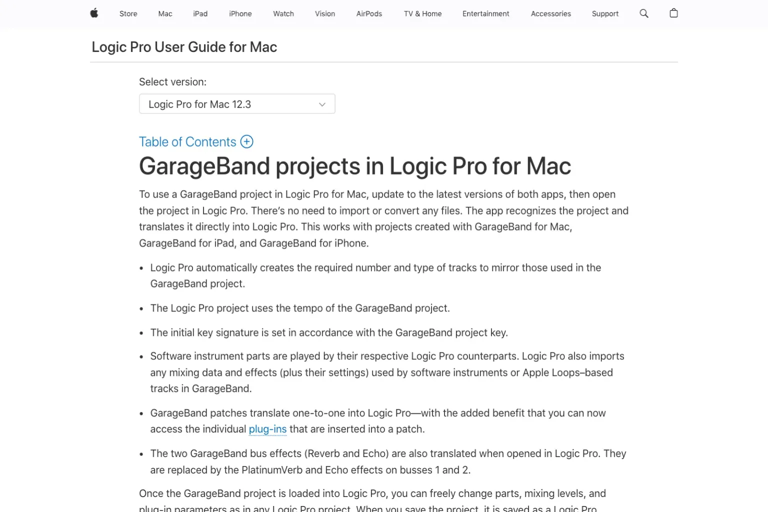 Apple Logic Pro User Guide explaining how GarageBand projects open in Logic Pro