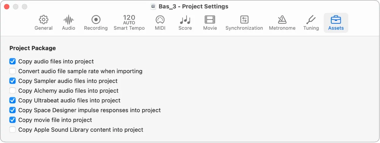 Logic Pro 12.3 Project Settings Assets option for converting audio file sample rate when importing