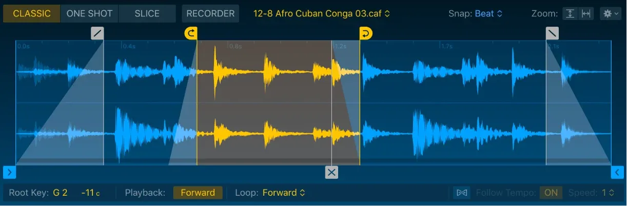 Quick Sampler Classic mode with waveform, root key, playback and loop controls
