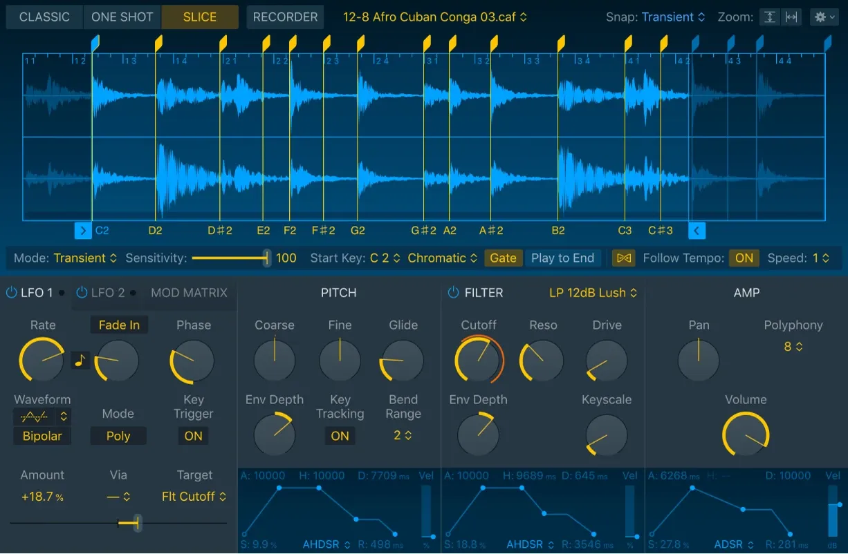 Logic Pro Quick Sampler interface with one waveform, playback controls and modulation panels