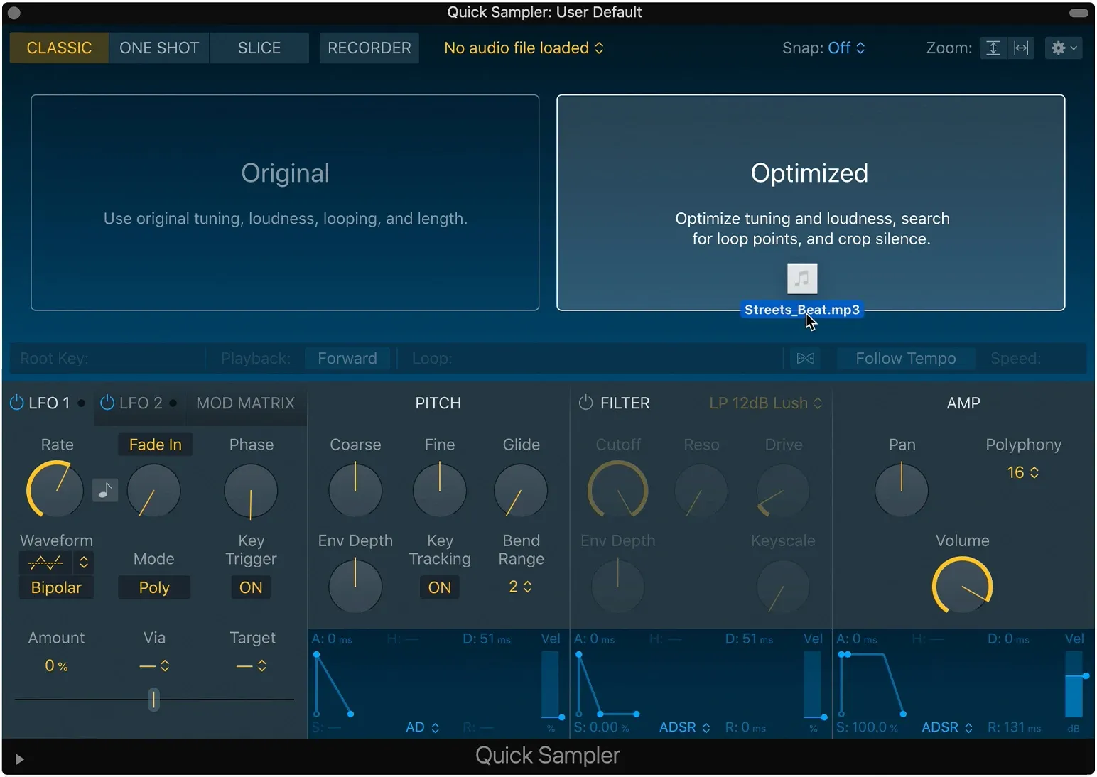 Logic Pro Quick Sampler empty waveform area with Original and Optimized loading zones