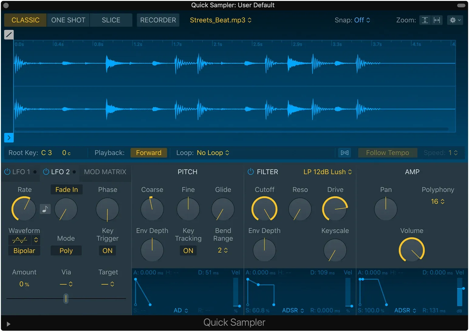Logic Pro Quick Sampler with a loaded waveform and Classic playback mode selected