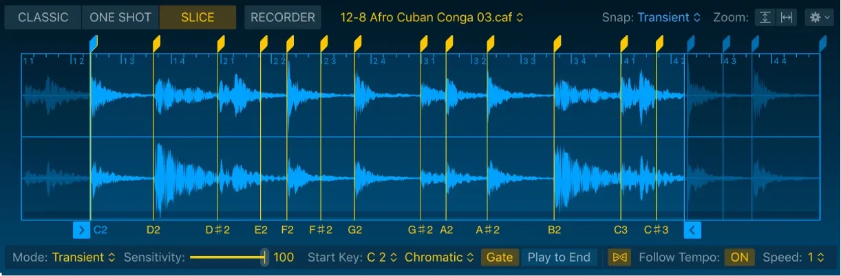 Logic Pro Quick Sampler Slice mode with transient markers dividing a drum loop